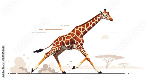 Giraffe walking in savannah with trees and dust illustration of animal in motion with brown spots
