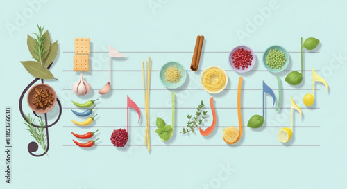 Vibrant kitchen ingredients arranged on musical staff with notes illustrating culinary harmony and creative cooking