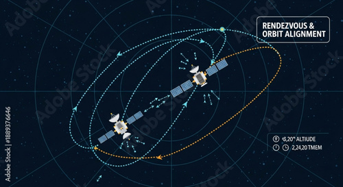 Satellites in space orbit alignment for rendezvous and docking maneuvers in dark blue cosmos