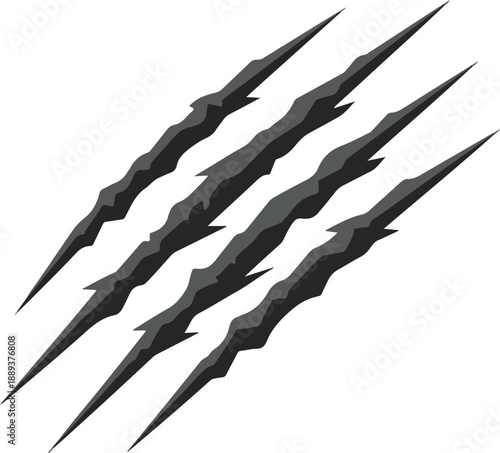 Four jagged lightning bolts striking diagonally across the image, sharp edges, dark gray, illustration, dramatic effect, diagonal orientation