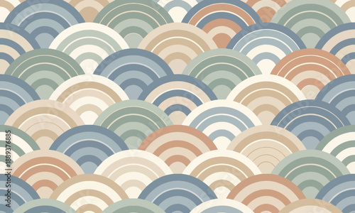 Abstract geometric pattern with overlapping scales in a calming palette of blues, greens, and earth tones for interior design and graphic backgrounds