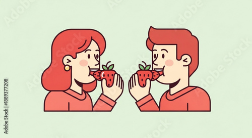 Couple sharing strawberries smiling eating fruit together in a sweet moment of love and friendship enjoying healthy snack