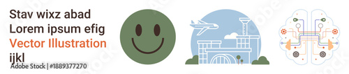 Emotion, travel, technology, artificial intelligence, aviation, neural networks. Three elements include a green happy face, an airport with an airplane and a digital brain. Emotion and travel