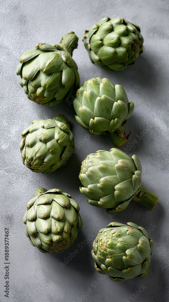 Obraz premium Whole green artichokes arranged in a clean flatlay composition on a neutral background emphasizing natural texture and freshness. 
