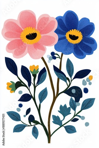 Whimsical bouquet of pink and blue flowers with bright yellow centers, navy foliage, berries and slender brown stems, playful modern botanical illustration