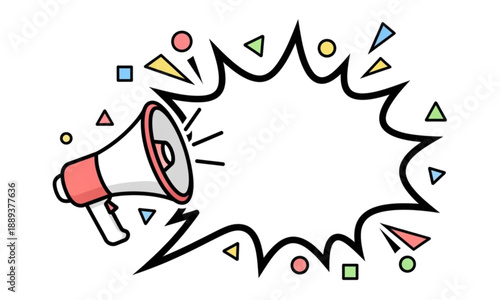Creative megaphone with blank jagged speech bubble and colorful confetti for promotion announcement.
