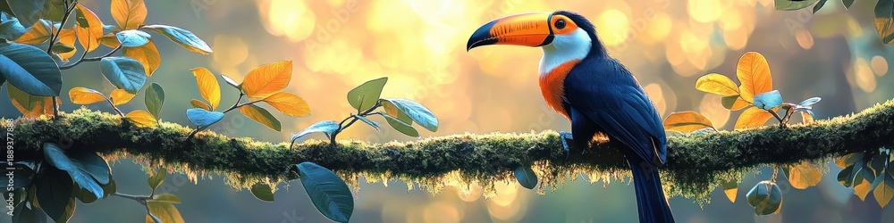 Fototapeta premium vibrant toucan perched on a mossy branch among tropical leaves with warm golden bokeh, serene and peaceful morning atmosphere