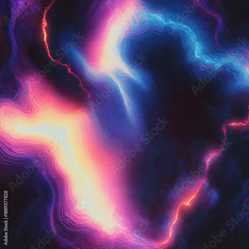 Abstract swirling cosmic energy pattern with glowing neon colors blending purple, pink, blue, and orange hues creating a vibrant and mystical atmosphere