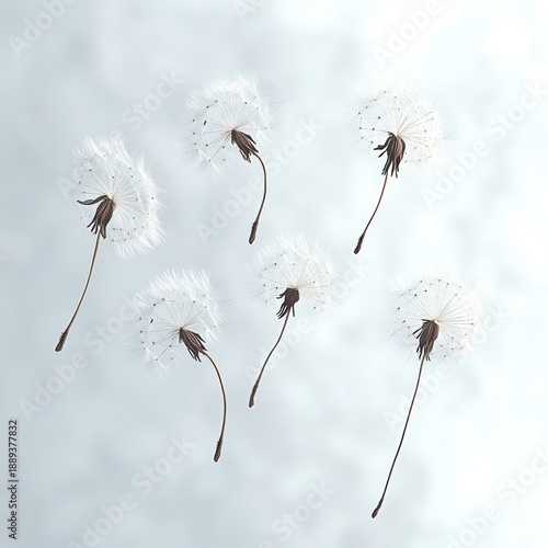 Close-up of six delicate dandelion seed heads floating against a soft, light background conveying a serene and airy atmosphere