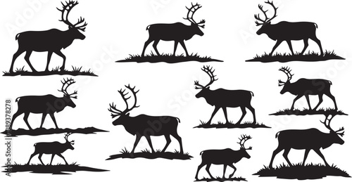 Set of reindeer silhouettes walking in various poses together