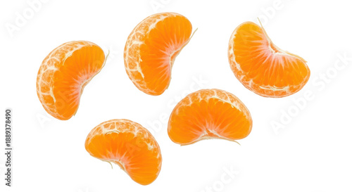 Four peeled, fresh tangerine or mandarin orange segments falling down. Isolated on transparent background, png