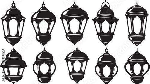 Black and white lanterns in various hanging positions illustration