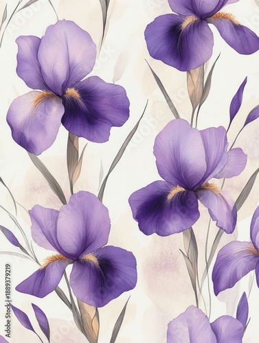 Delicate purple irises with soft petals and slender leaves in a graceful pattern on a light background evoking calm and elegance