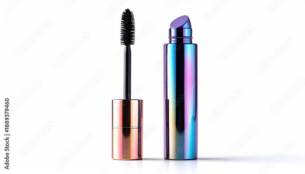 Obraz premium A vibrant iridescent mascara tube with brush on a white background