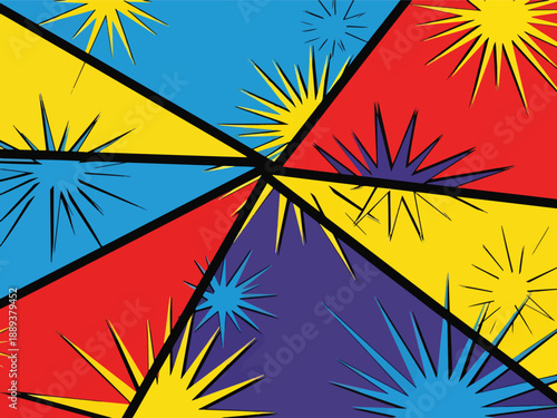 Abstract geometric pattern with contrasting colors and starburst shapes