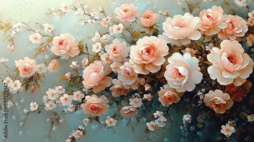 A delicate arrangement of soft peach and white blooming roses and small flowers on intertwined branches against a light and serene background