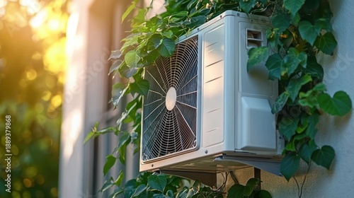 Wall-mounted outdoor air conditioning unit wrapped in green climbing vines and leaves, bathed in warm golden sunlight, peaceful contrast between machinery and nature