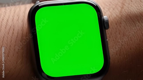 A video showcasing a smartwatch with a green screen on a person's wrist in a modern setting