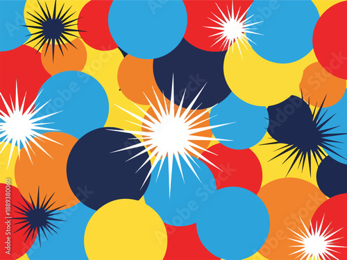 Abstract pattern of overlapping circles and starburst shapes in bright colors
