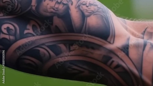A video showcasing a unique tattoo design on an arm with a blurred green background