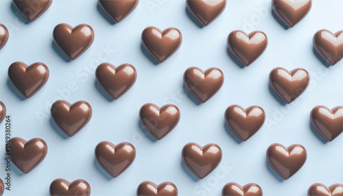 Seamless pattern of 3D chocolate hearts on a light blue background. Cute wallpaper for Valentine's Day, sweets, and love.