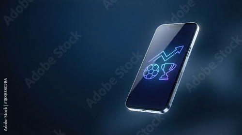 Smartphone displaying sports betting icons including a trophy, ball, and upward graph on a dark background.
