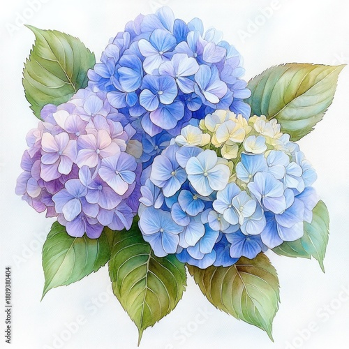 A delicate bouquet of hydrangea flowers in shades of blue, purple, and white with lush green leaves, conveying a sense of calm and natural beauty