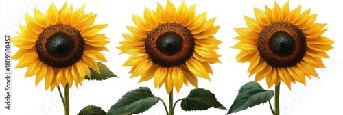 Three bright yellow sunflowers with dark brown centers and green leaves against a white background
