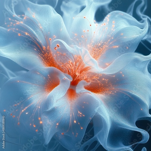 Close-up of a translucent flower with glowing orange stamens and delicate, flowing pale blue-white petals emitting a soft, ethereal light