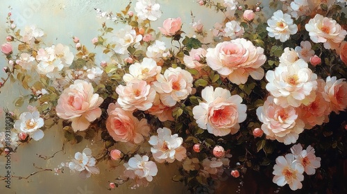 Delicate cluster of blooming light pink and white roses with green foliage on a muted background conveying softness and tranquility