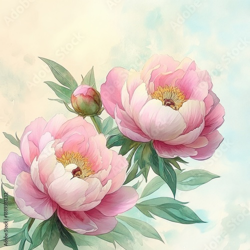 Delicate pink peony flowers with lush green leaves and a single bloom bud against a soft, light blue sky background, evoking tranquility and natural beauty