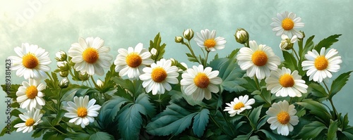 white daisies with golden centers and buds amid lush green leaves against a soft teal background, conveying calm fresh sunlit cheer