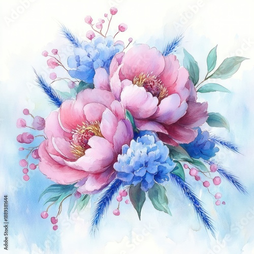 Delicate bouquet of pink and blue flowers with green leaves and small pink buds, painted on a soft watercolor background, evoking calm and gentle beauty
