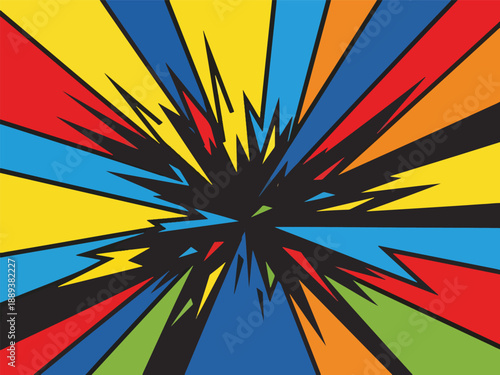 Abstract vibrant explosion radiating from a central black point with sharp multicolored spikes