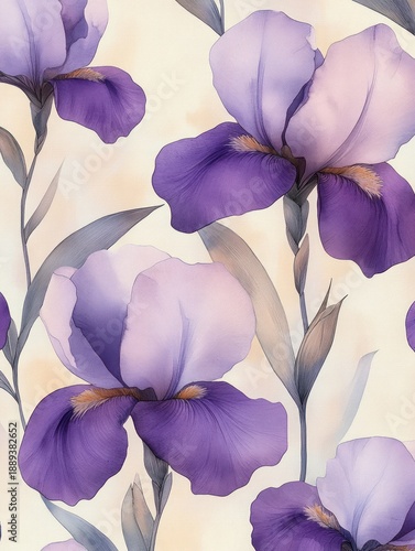 Delicate purple and lavender iris flowers with soft green leaves on a light beige background, creating a calm and elegant floral pattern