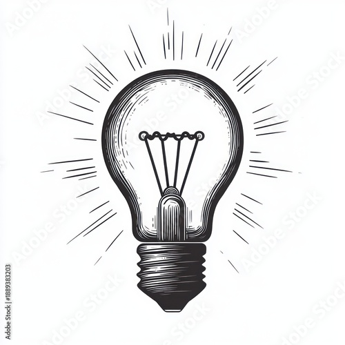 hand-drawn vintage light bulb with glowing rays conveying a bright idea and creative inspiration