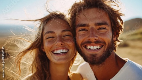 Young couple embracing on sandy dunes at golden hour, windblown hair, warm sunlight and joyful carefree mood