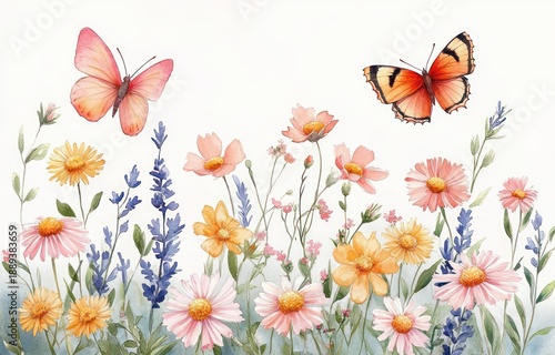 Watercolor meadow of pink and yellow wildflowers, lavender spikes and two orange butterflies, creating a gentle, cheerful and serene floral scene