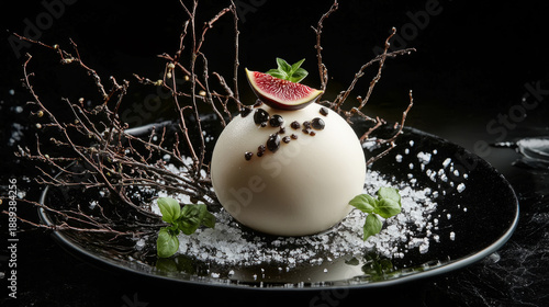 Elegant dessert presentation with spherical white chocolate and fig garnish