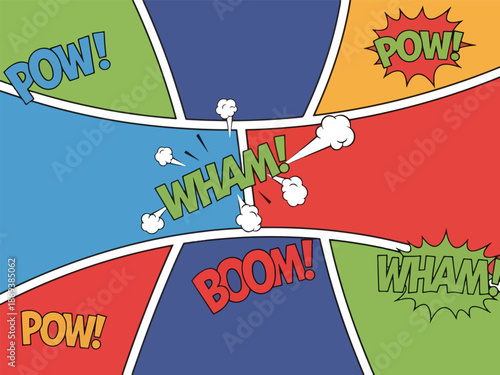 Comic book page with colored panels and sound effects POW WHAM BOOM