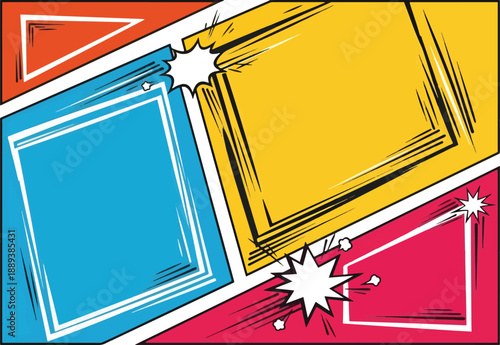 Comic book panel background with four colored angled sections and speech bubbles