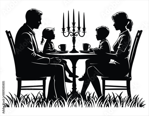 Silhouette of a family dining at a table with a candelabra