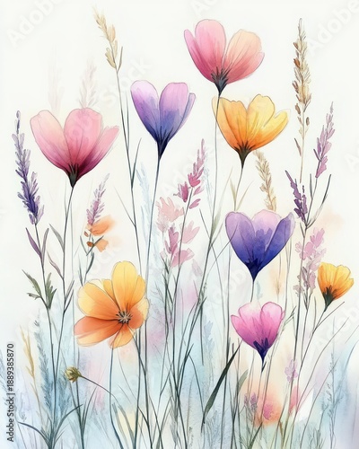 delicate watercolor wildflowers and tall grasses in pastel pink, purple and golden hues evoking a serene, dreamy meadow