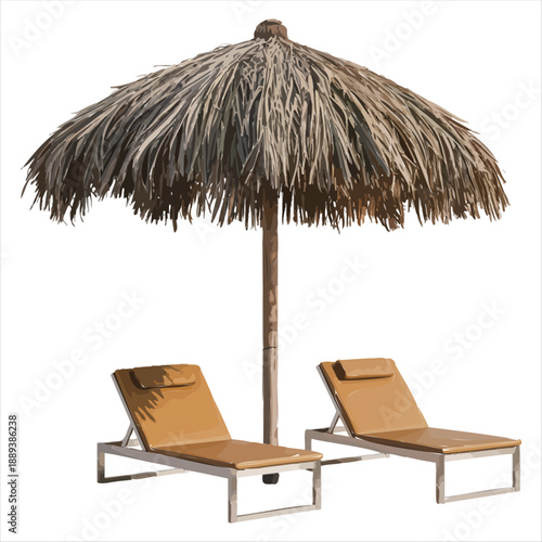 Tropical beach loungers and thatched umbrella beach chairs
