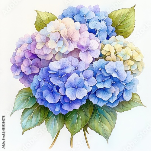 Close-up of a vibrant bouquet of hydrangea flowers in shades of blue, purple, pink, and cream surrounded by lush green leaves