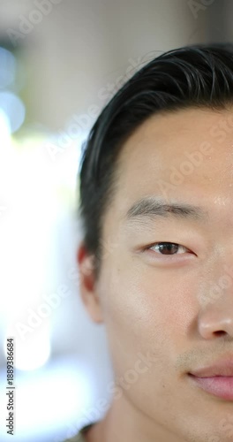 Vertical video: Right facial half is moving into big smile after offscreen cue with window bokeh