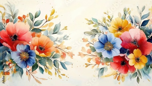 two watercolor floral bouquets of red, orange, yellow and blue poppy-like flowers with lush green leaves and delicate sprigs on a light background, cheerful and serene
