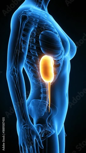 Medical Illustration of Human Kidney Anatomy in a Female Body.