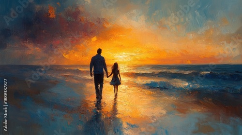 Silhouetted adult and child holding hands walking along a reflective beach shoreline at vibrant sunset with warm glowing sky and gentle waves