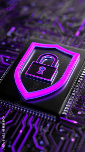 Glowing digital shield with padlock icon on a circuit board, symbolizing cybersecurity, data protection, and digital privacy.
